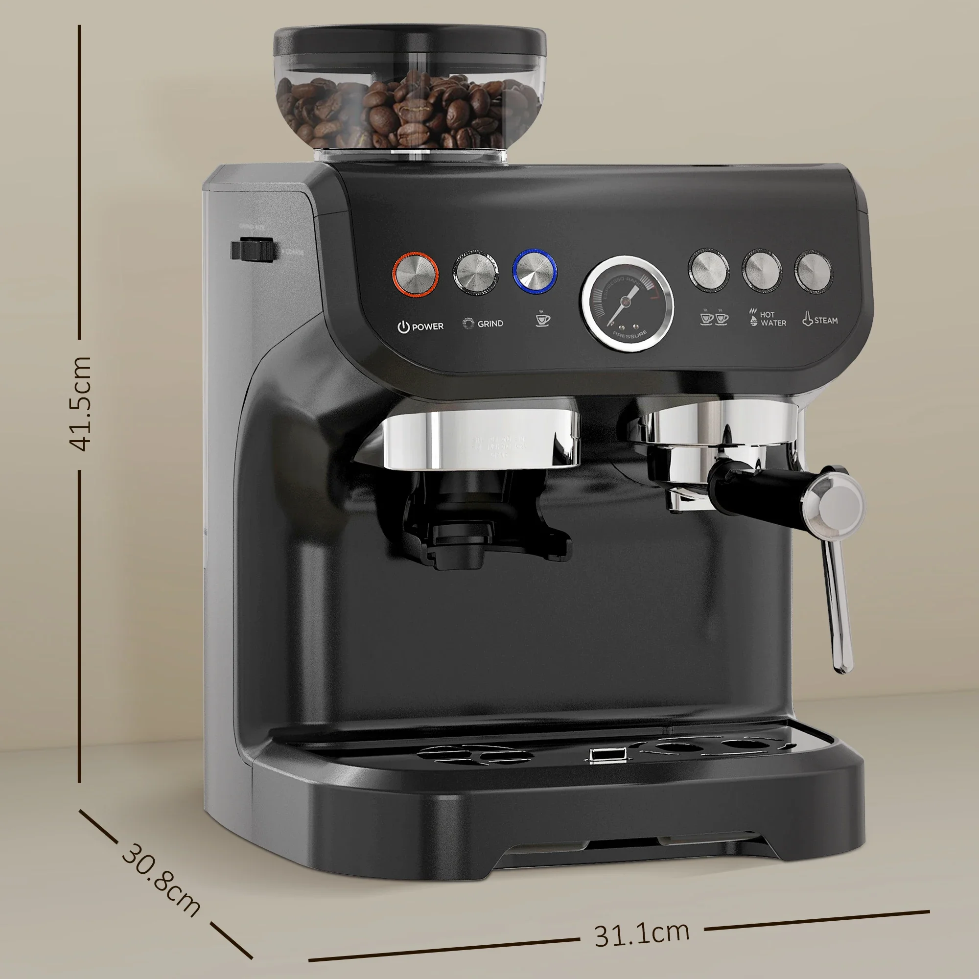 HOMCOM Espresso Machine, Bean Grinder & Steam Wand, 15 Bar Pressure