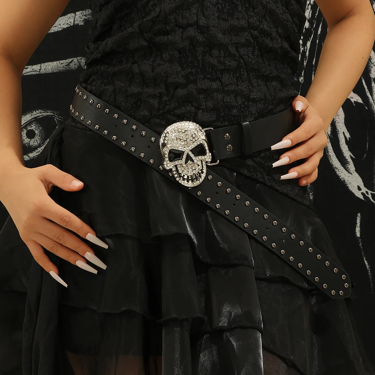 Crystal Skull Buckle Belt All Age Rivet Studded Belt Vintage Pants Belt Street Dance Club Belt Eye Catching