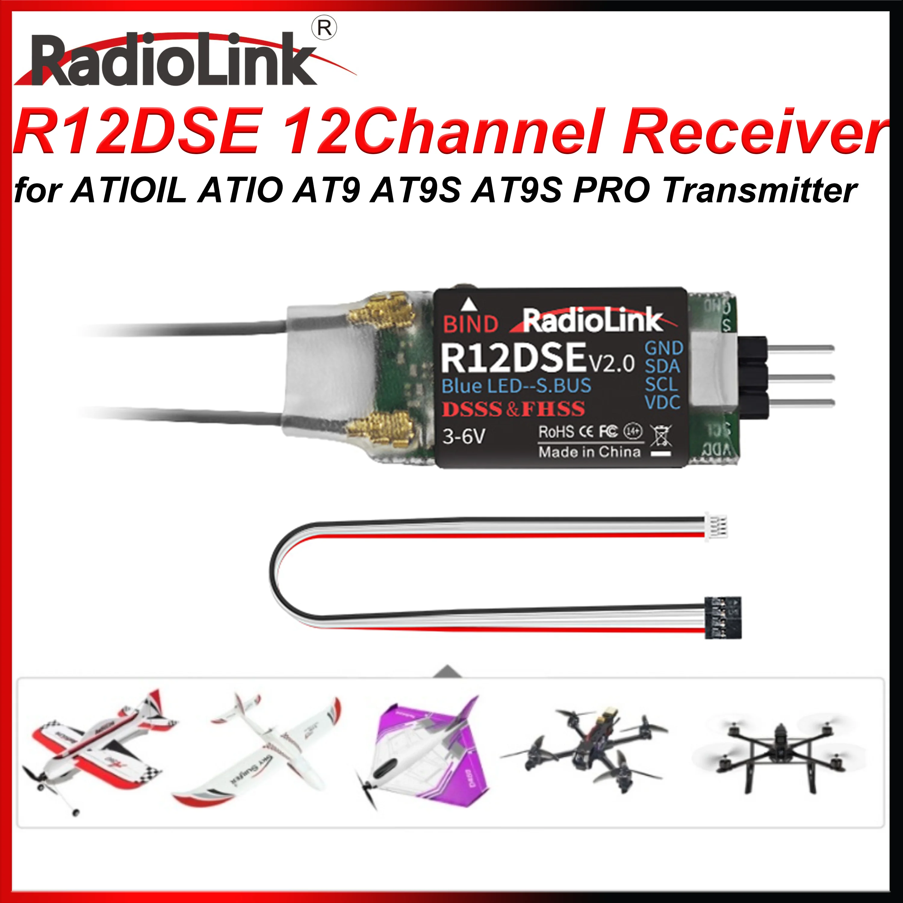 Radiolink R12DSE 12CH RC Mini Receiver 12 Channel DSSS FHSS Support SBUS PPM for RC Plane FPV Racing Drone AT9 AT10 Transmitter