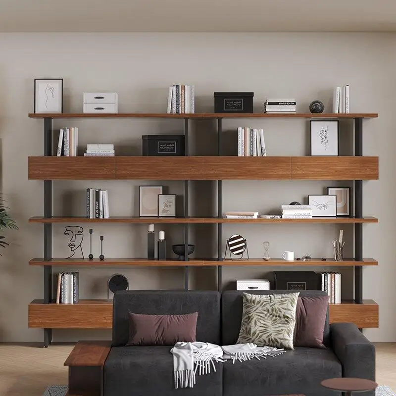 Loft living room bookshelf integrated against the wall open floor office shelf wrought iron multi-layer display file cabinet