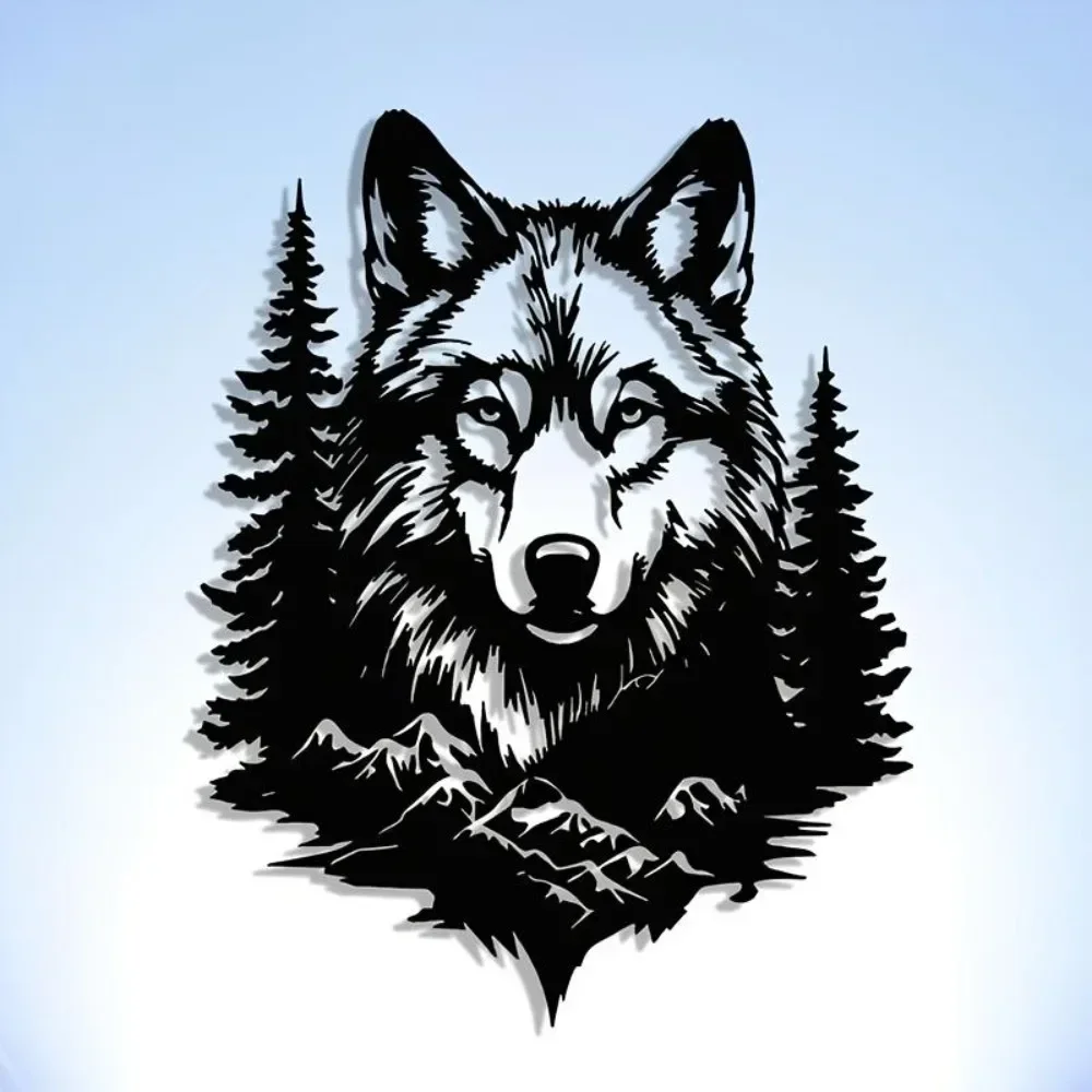 CIFBUY 1pc Iron Wall Art Wolf Head & Pine Tree Sculpture, Black Metal Wildlife Nature Hanging Decor
