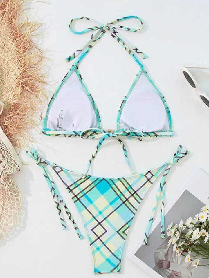 Vzvn Sexy Laced Up Grid Bikini Women Split Swimsuit Beach Vacation Brazil Bikini 2026 New All Season Backless Bikini 2 Piece Set