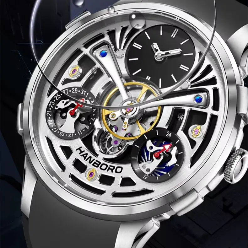 HANBORO Men Automatic Watch 44mm Mechanical Wristwatch Luminous Skeleton Dial Sapphire Mirror Date & 24 Hours Dial