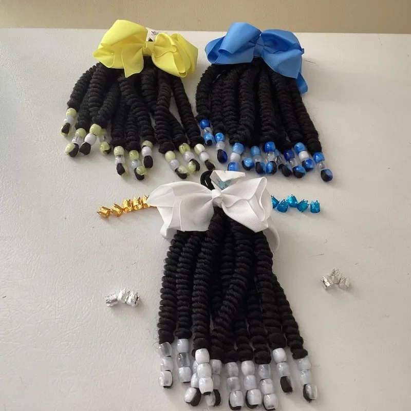 2packs Two Beaded Braid Ponytail Set. (Clip on Bow, Braid Extension w/ Beads) / Detachable Synthetic Curly Hairpieces