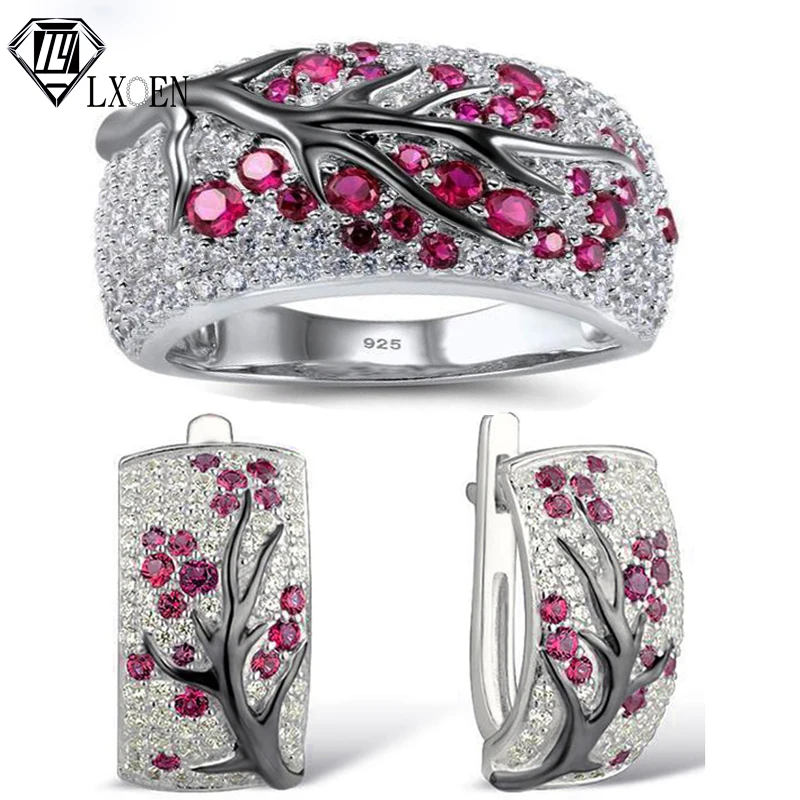 LXOEN Fashion Luxury Micro-inlaid Plum Tree Branch Jewelry Sets for Women WIth Red Zircon Earrings and Ring Wedding Set Jewelry