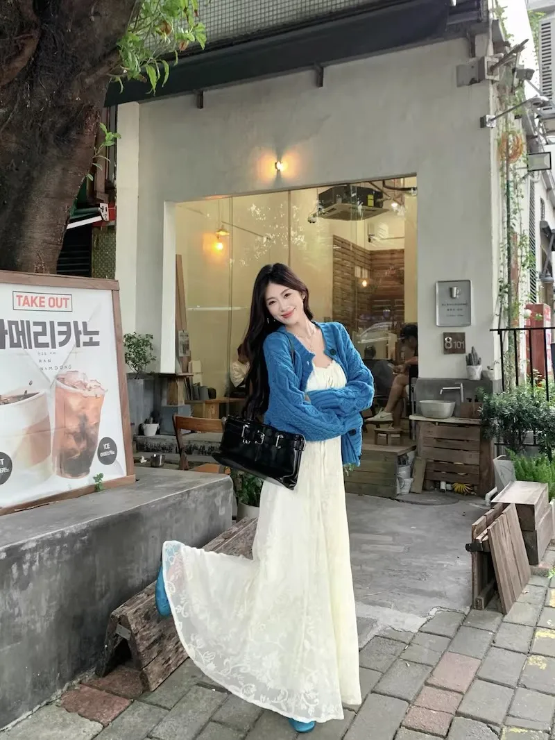 

Комплект из двух предметов: кардиган с длинными рукавами Kumikumi и платье-халтер, весенний женский модный комплект в повседневном стиле с завышенной талией