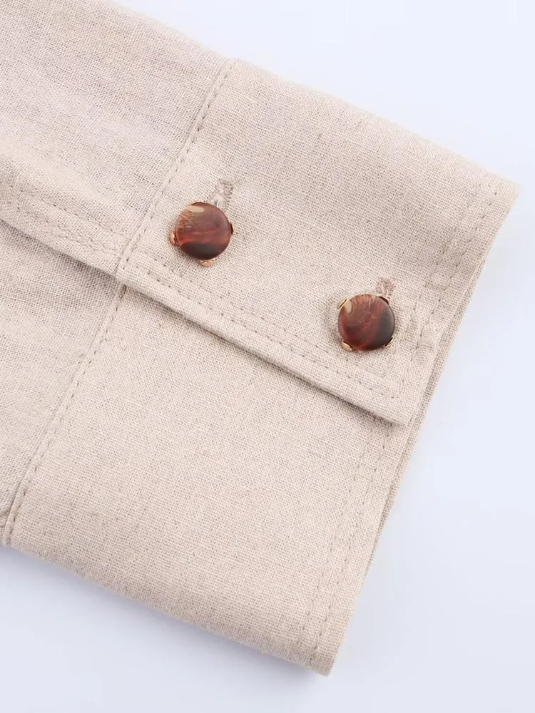 2025 ผู้หญิงฤดูร้อนมินิเสื้อแฟชั่น V คอเข็มขัดแขนยาวหญิง Elegant Street ผ้าลินินชุดเสื้อผ้า