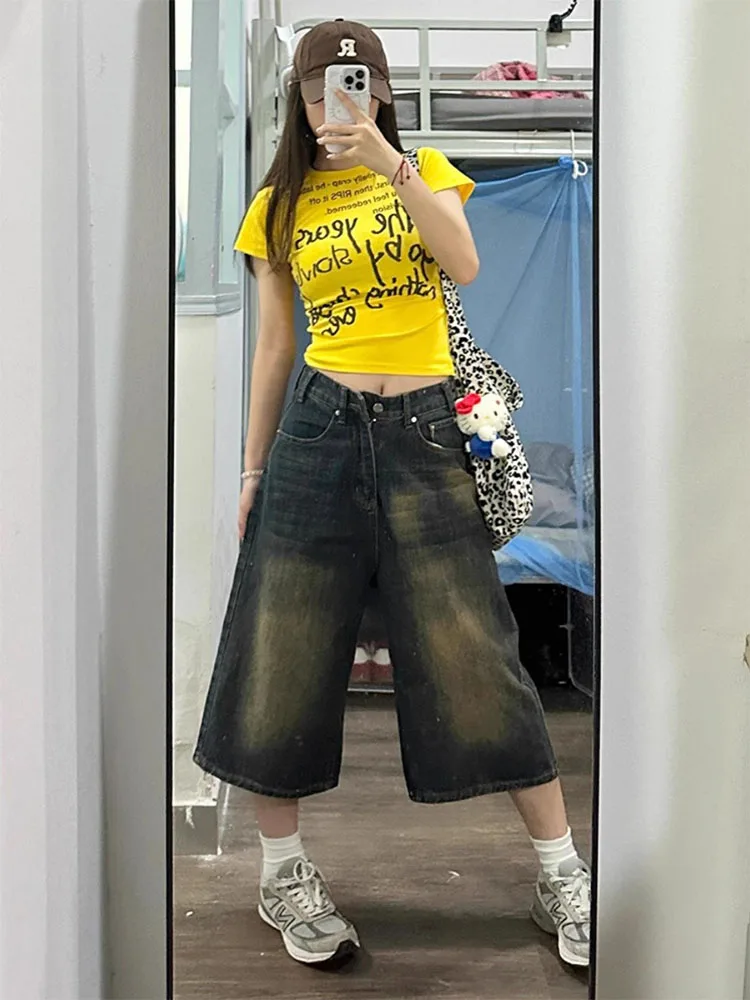 Taglie forti American Retro Denim orts Design autunnale da donna Gamba dritta Dimagrante Pantaloni a gamba larga di media lunghezza Casual Sle