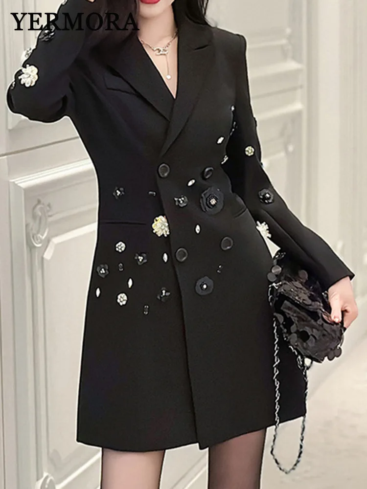 

YERMORA Rhinestone Flower Button Elegant Blazer For Women Lapel Long Sleeve Fashion Tide Jacket Coat Spring Autumn New A276