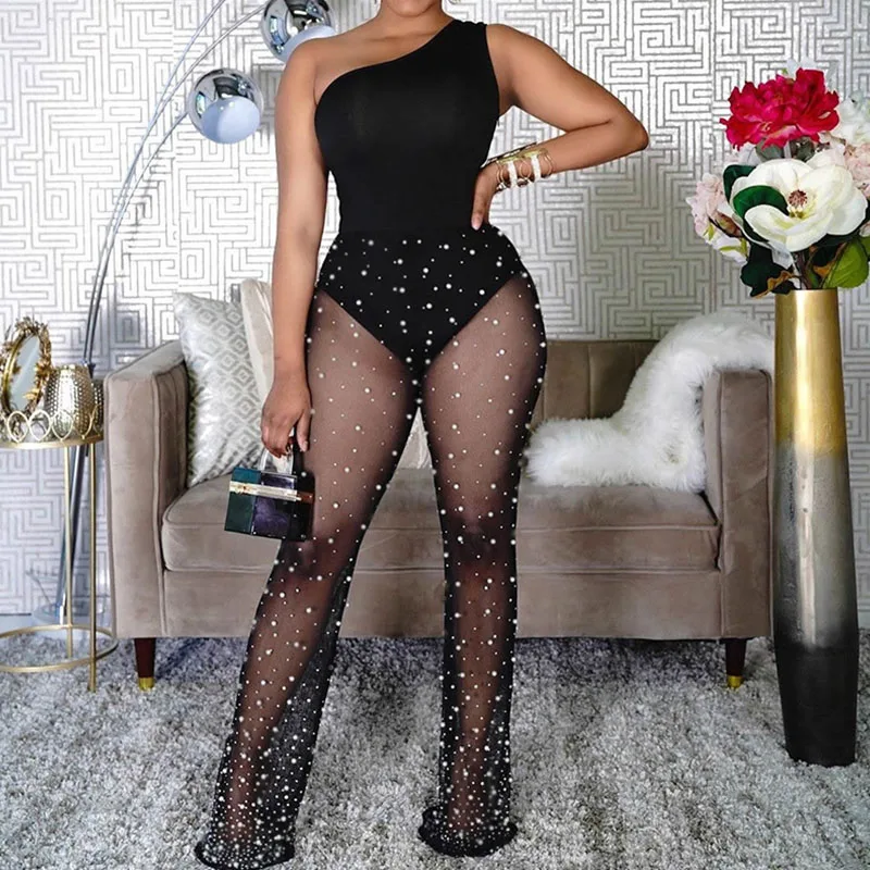 

Sexy White Dot Print Mesh See Through Patchwork Birthday Jumpsuit Women Night Club One Shoulder Rompers Evening Overalls Elegant