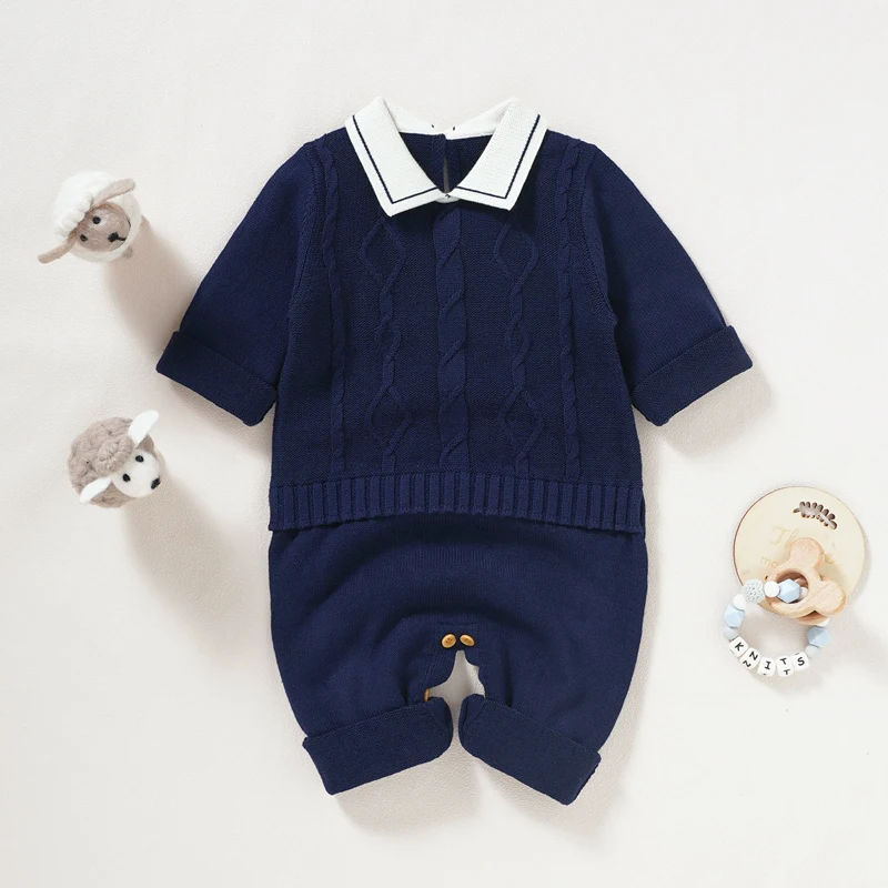 Newborn Baby Romper 100%Cotton Knitted Toddler Clothes Turn-down Collar One Piece Overall Infant Boy Jumpsuit Outfit Fashion Tie