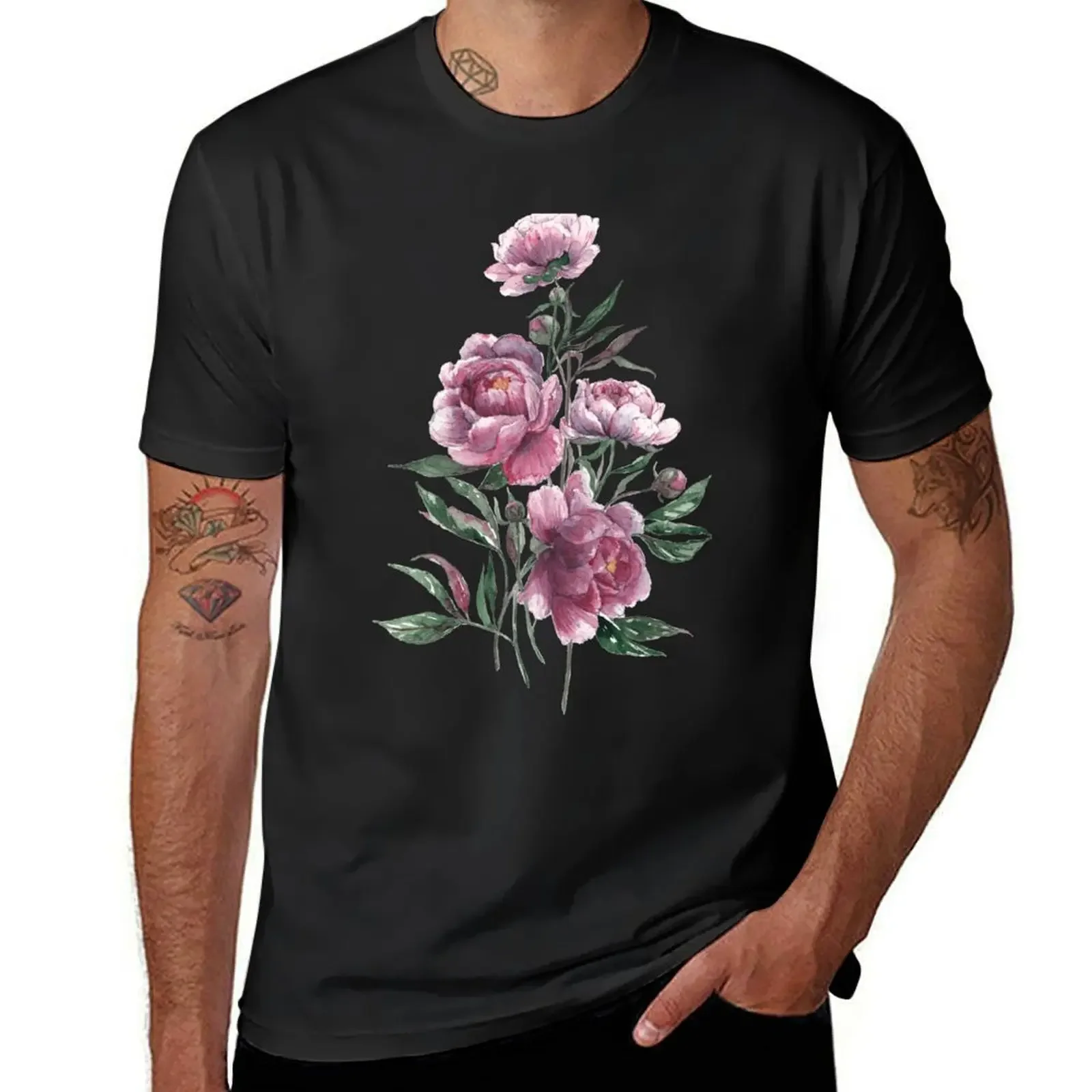 peony watercolor flowers T-Shirt anime tshirt designer shirts vintage clothes t shirt men 100℅ cotton