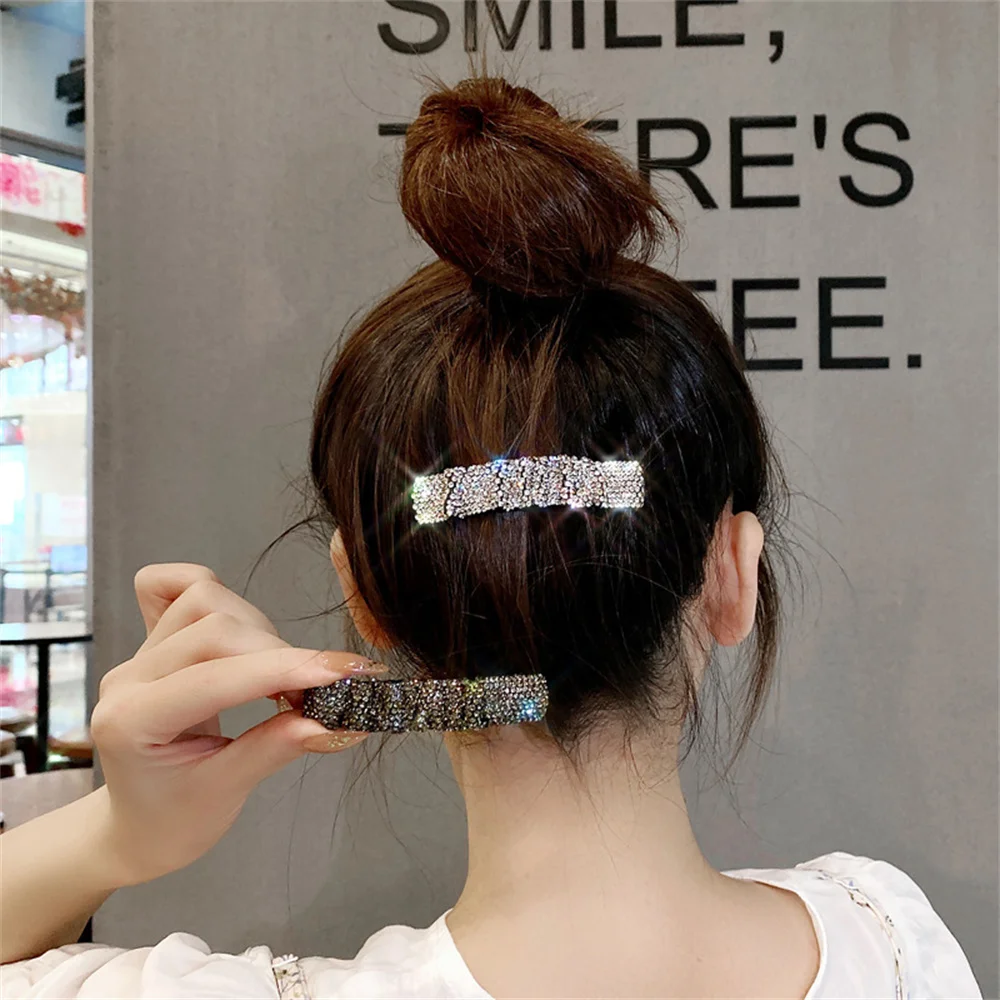 Simple Full Rhinestone Hairpin Luxury Faux Crystal Pleated Hair Clips For Women Girls Bangs Sides Barrettes Hair Accessories