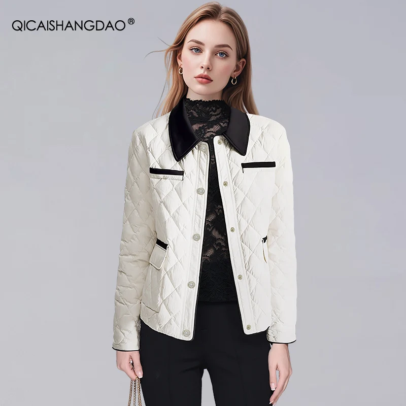 Fashion Pointd Collar Women' White Down Jacket Warm Thickened Slim Short White Duck Down Coat Casual Vintage Fall Winter Tops