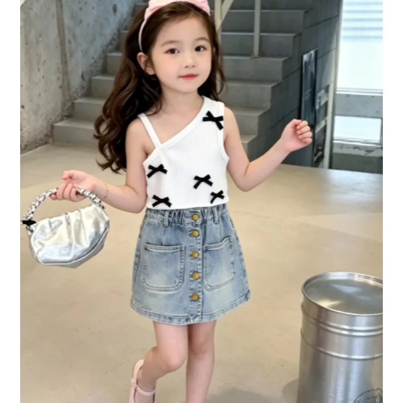2026 Summer New Girls' Bow Sweet Camisole Vest, Women's Treasure Backless Top, Multi Button Denim Half Skirt Pants