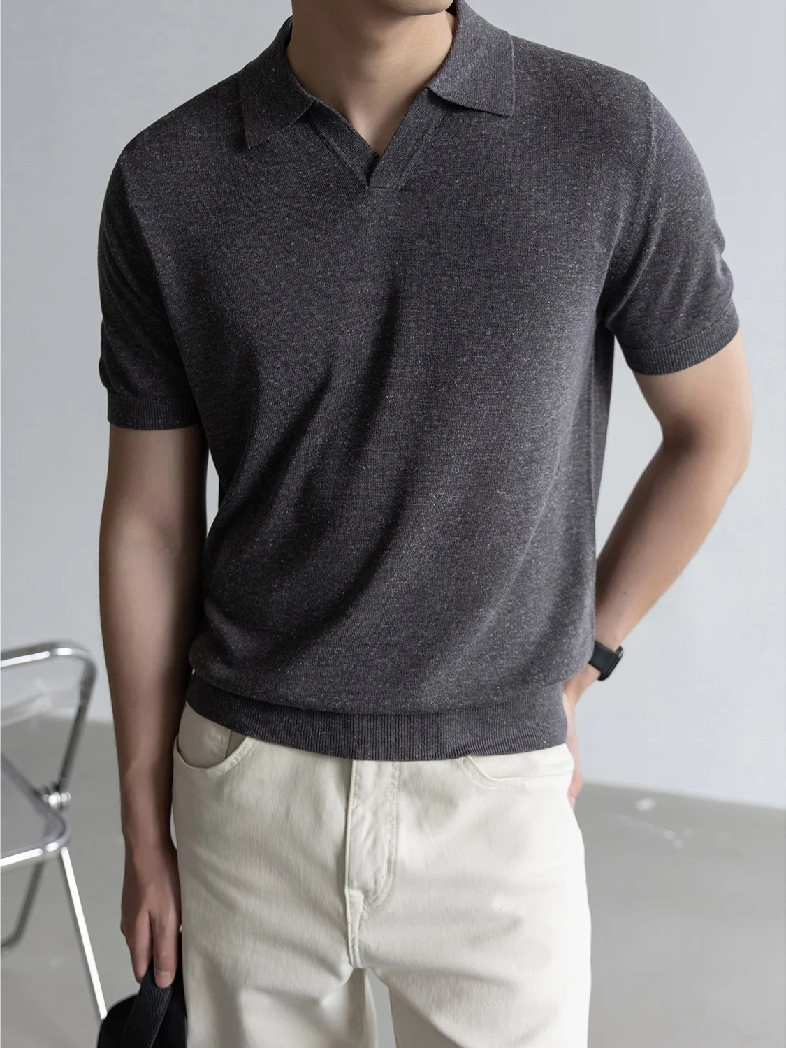 Summer O-Neck Short Sleeve  Shirt Knitted 240G  Silk Linen Blend Breathable Standard Fit Men's Fashion TWENTY FIVE