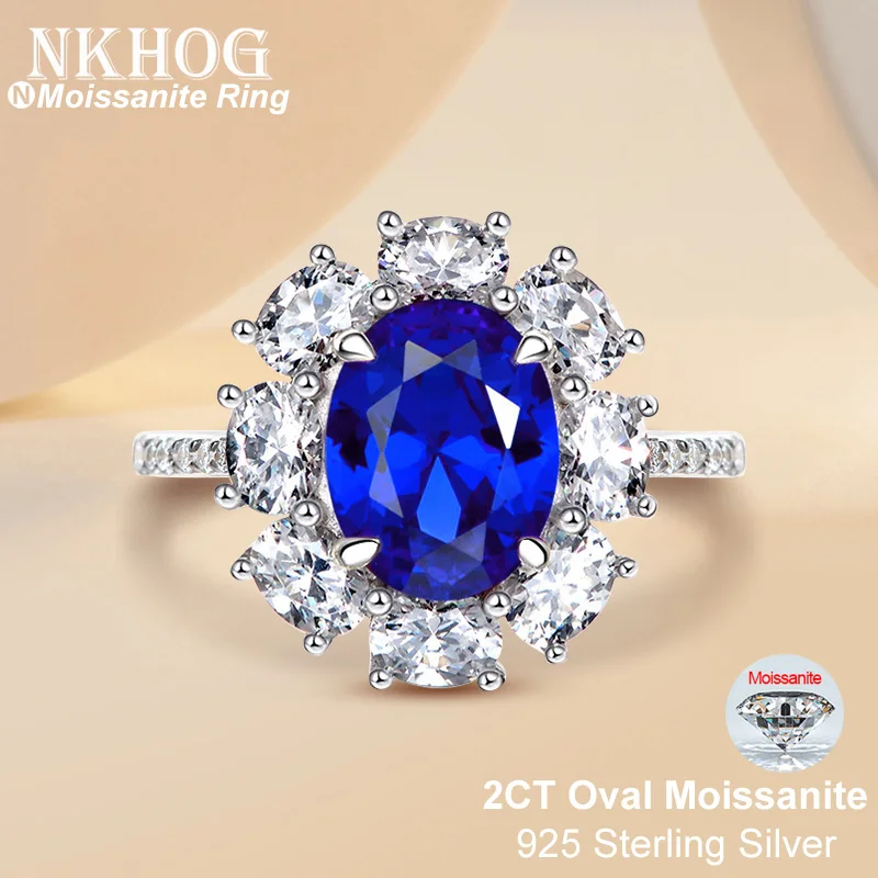 

NKHOG 2CT Oval Royal Blue Moissanite Ring Women S925 Silver Plated Au750 Pass Diamond Test Brillant Sapphire Rings Jewelry Gift