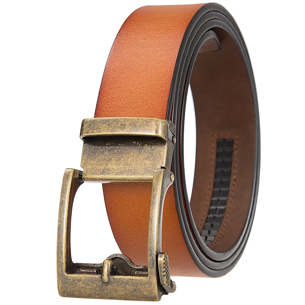 Plyesxale 3.5cm Width Red Brown Leather Belts For Men Retro Style Brand High Quality Automatic Ratchet Casual Jeans Belts B11