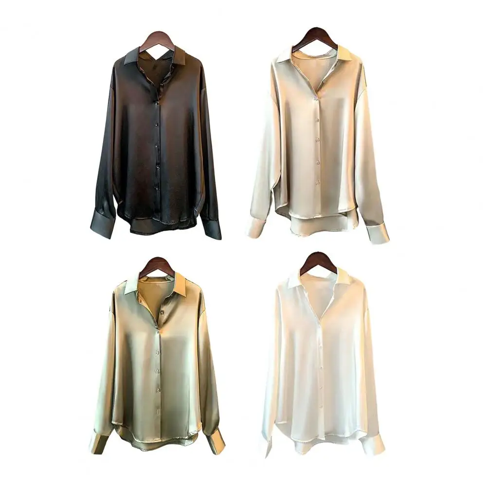 1Pc Loose Fit Shirt Formal Loose Women Blouse with Turn-down Collar Elegant Satin Blouse Silky Soft Long Sleeve Shirt for Women