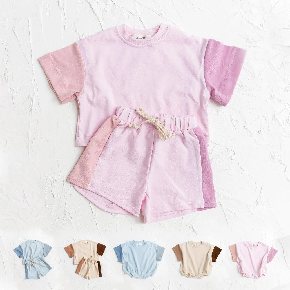 

2023 New Summer Casual T-shirt Korean Boys' and Girls' Short Sleeve Shorts Newborn Fashion Contrast Color Two Piece Baby Set