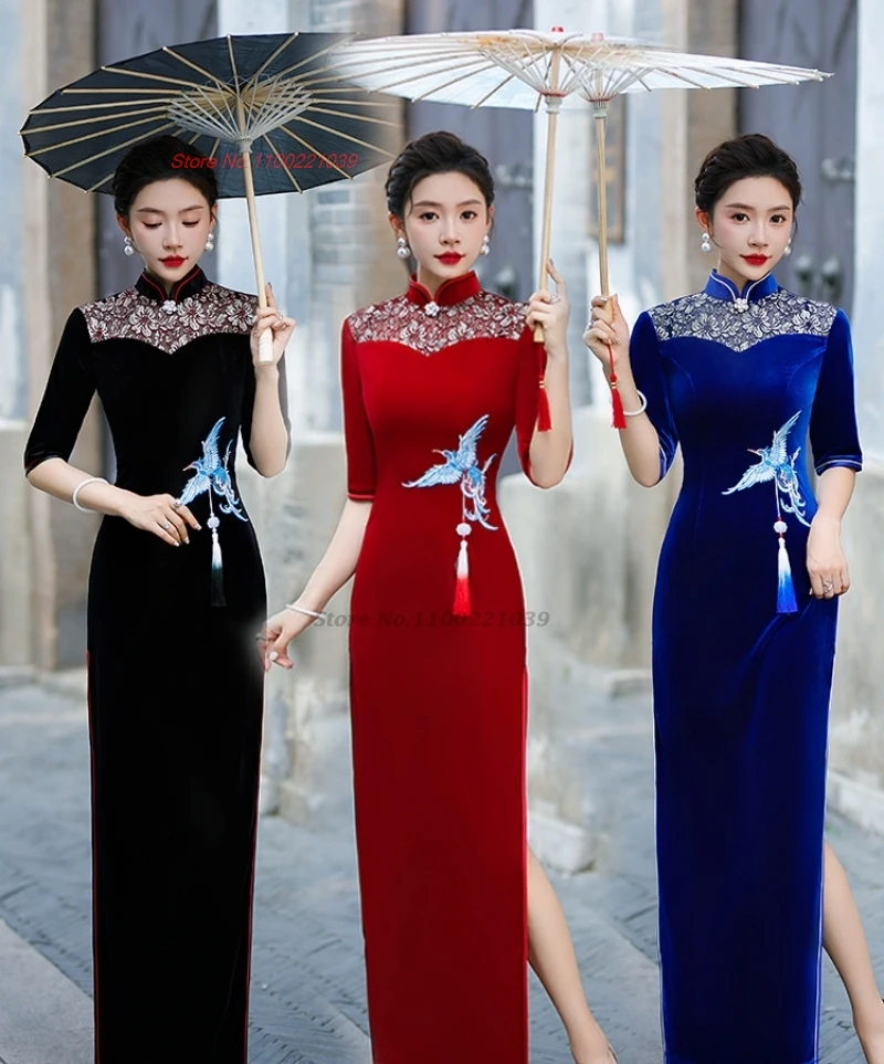 

2024 traditional chinese vintage dress improved cheongsam national crane embroidery velvet qipao banquet evening dress vestido