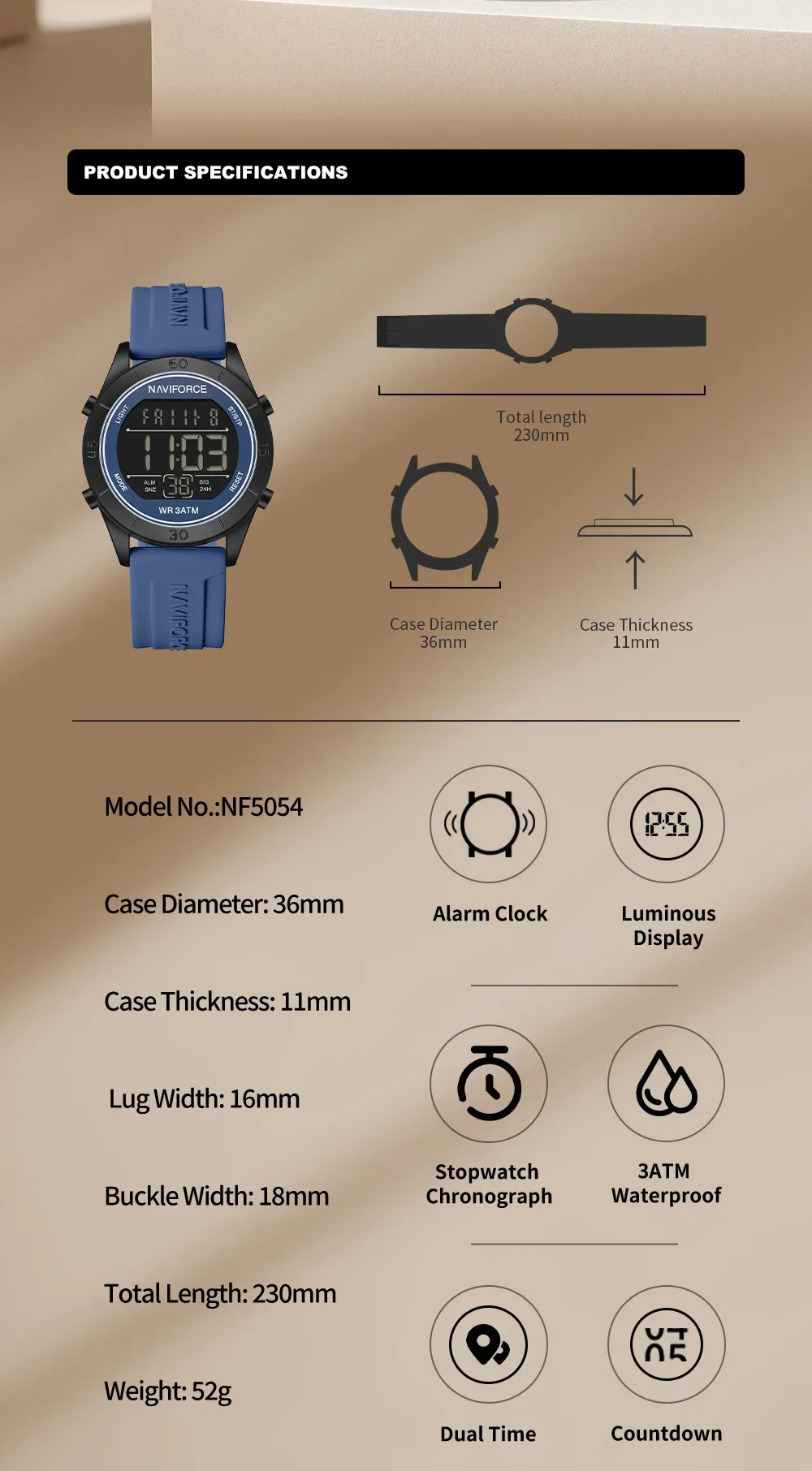 NAVIFORCE NF5054 Простые модные часы для женщин ЖК-цифровой дисплей 30 м водонепроницаемые спортивные наручные часы с силиконовым ремешком