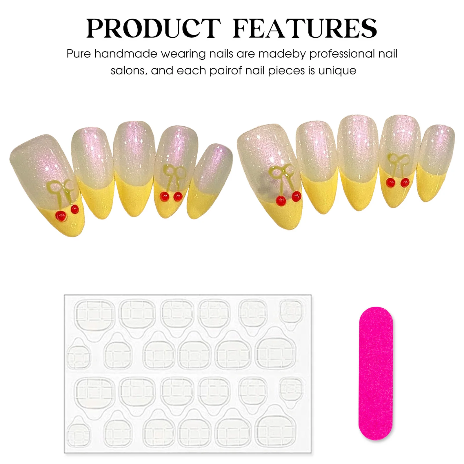 Yellow French Press On Nails Moonshine Pink Handmade False Nails With Hand Painted Cherry Designs Detachable Almond Fake Nail