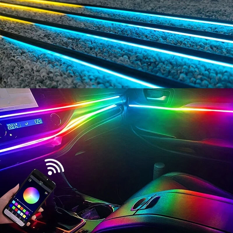 

Bright LED Auto Interior Atmosphere Bar: 64+ Hues, Multicolor Effects, APP Controlled, Multiple Settings, Concealed Acrylic Desi