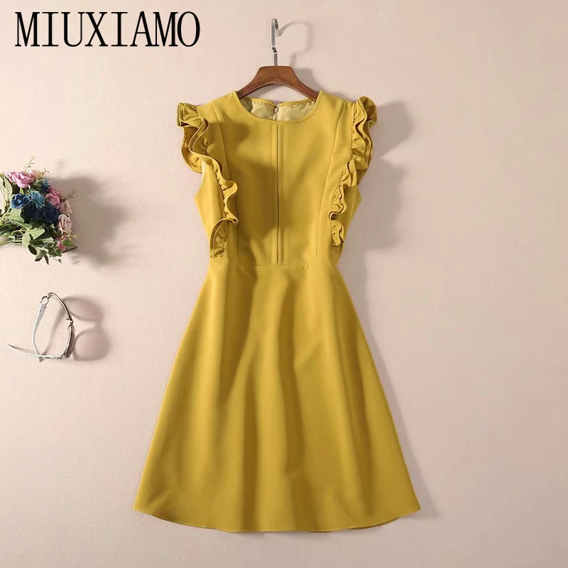 

MIUXIMAO 2022 High Quality Spring&Summer Elegant Dress Sleeveless O-Neck Solid Agaric edge Fashion Mini Dress Women Vestides