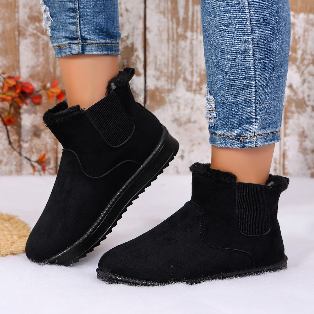 Damen-Stiefeletten mit Fransen zum Hineinschlüpfen, trendige, bequeme Winter-Kurzstiefel – Detail 9