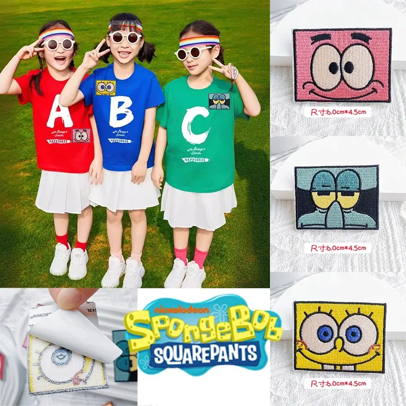 Parche bordado de Bob Esponja, parche de Anime para ropa, parche autoadhesivo bonito, pegatinas para ropa bordadas en caliente, regalos, 3 uds.