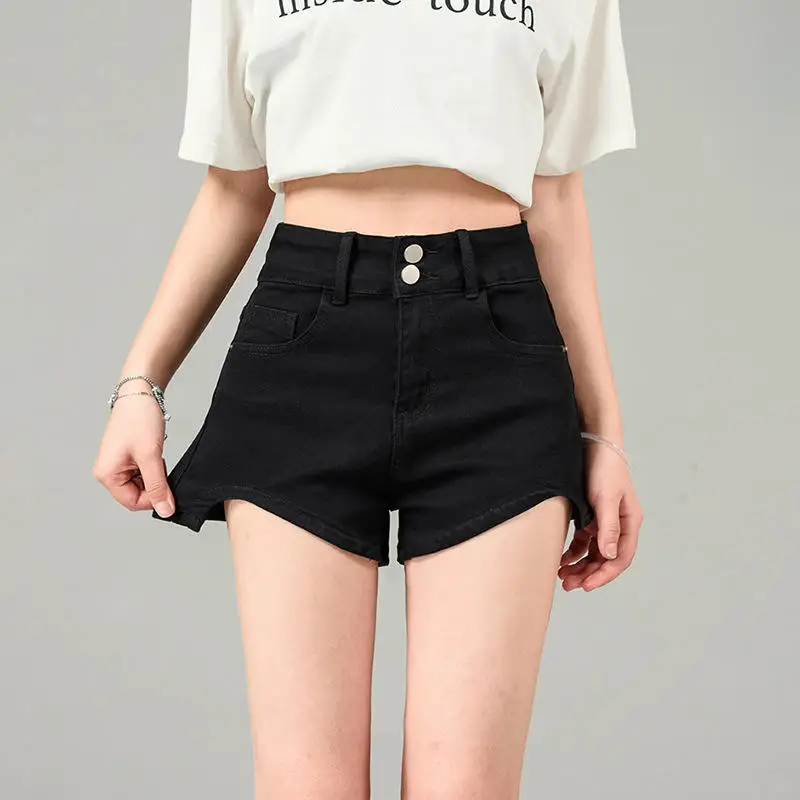 High Waist Double Buckle Denim Shorts Women's Casual Thin Style Summer New Arrival A-Line Skirt Trendy Hot Pants