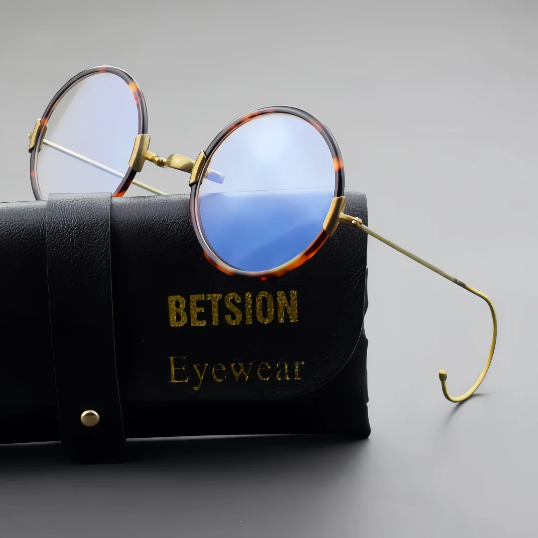 

BETSION Vintage Retro Round Acetate+Metal Eyeglasses Frame Men Women 40/46/49 Optical Eyeglasses With Prescription Lenses