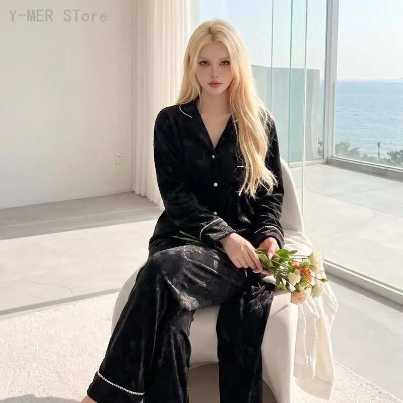 Women Island Velvet Pajamas Autumn Winter Elegant Print Pearl Trim Set Luxury Wearable Outside Warm Homewear Sleepwear