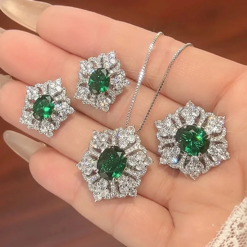 

Luxurious Green Gemstone Jewelry Women Elegant Necklace Adjustable Ring Earrings Sparkling Fashion Accessories Anniversary Gift