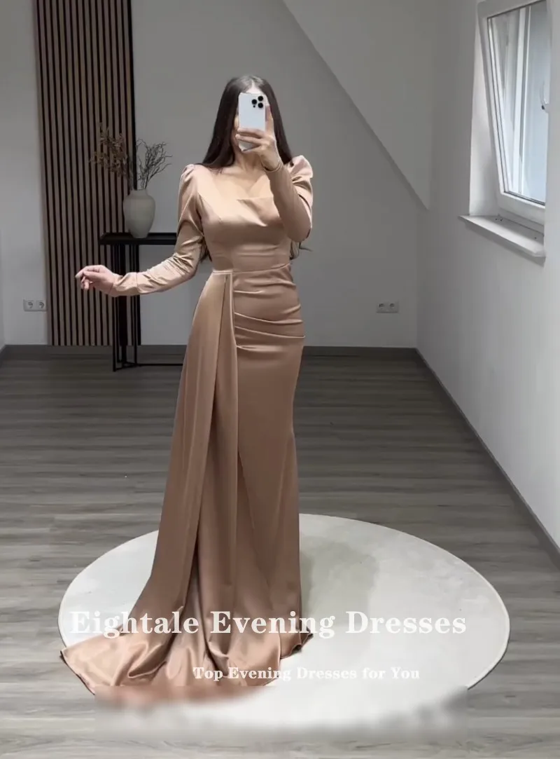 Eightale Formal Occasion Evening Dresses for Wedding Party Customized Satin Mermaid Champagne Long Sleeves Prom Gowns