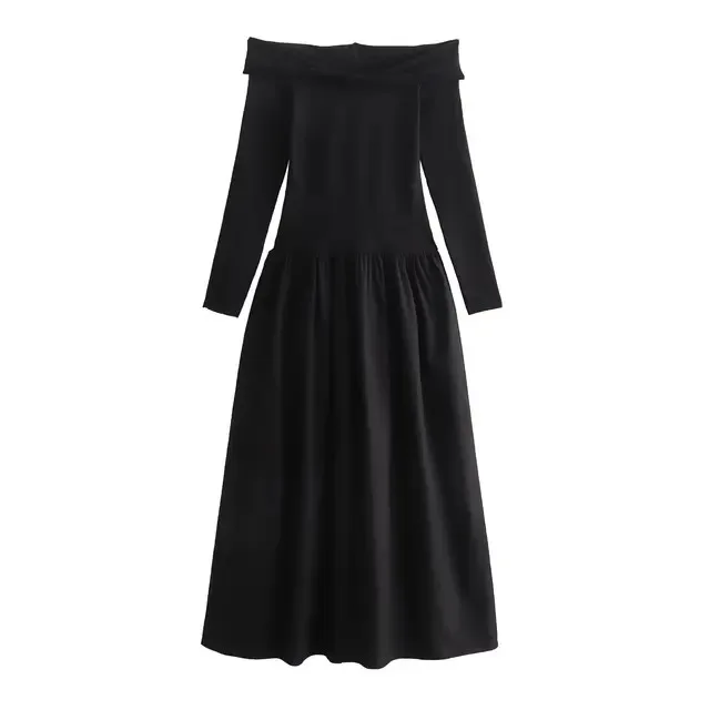 

BabYoung 2024 Women Summer Solid One Neck Strapless Ing Dress Woman Ruched Elegant Long Sleeve Midi Party Dresses Mujer