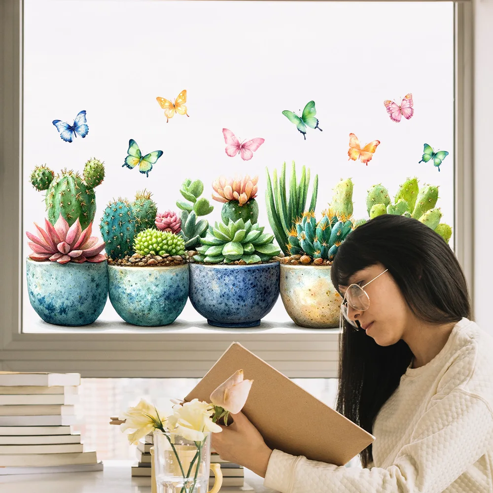 Succulent Cactus Window Clings, Potted Plants with Butterflies Wall Stickers, Removable Peel and Stick Floral Decals for Kitchen