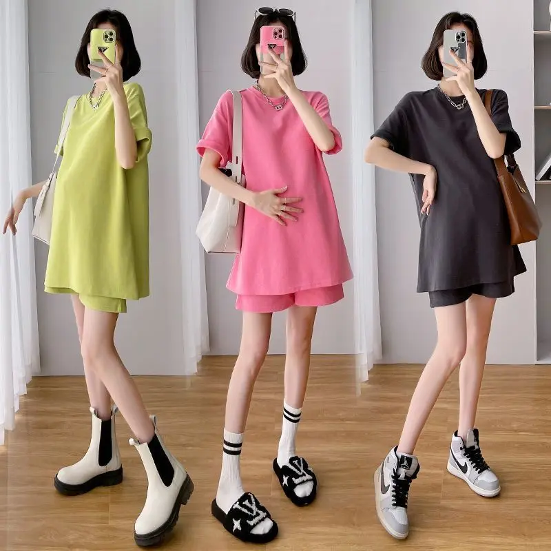 

Summer Pregnant women's Suit maternity clothing suit casual short sleeve+shorts fashion soild loose pregnant clothes outerwear