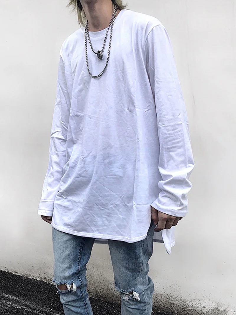 High Street Men's Solid Color Bottom Front Short Rear Long Split Arc Extended Loose Drop Shoulder Long Sleeve T-Shirt