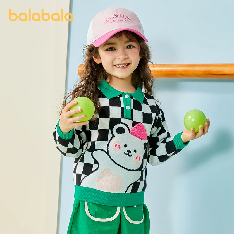 Balabala Toddler 2023 Girl Sweater Knitwear Autumn Bear Jacquard Checkerboard Top Sweater Cozy