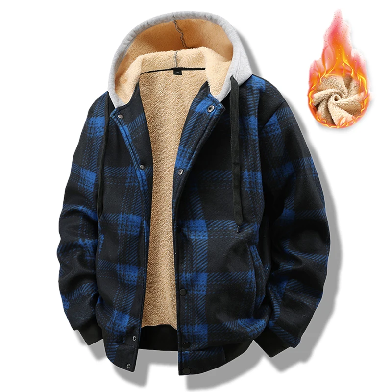 

EU Size Plaid Shirt Hooded Flece Lined Jacket Winter Thicken Sporty Casual Outdoor Men‘s Warm Jacket Fashion Checked Coats