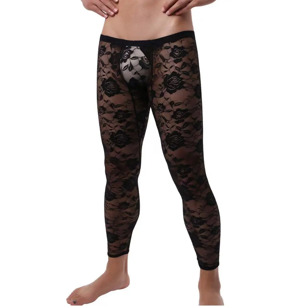 Calças de renda transparente sexy masculinas, baixo crescimento visível, cuecas apertadas longas, pijama masculino confortável, amantes de casa, casais