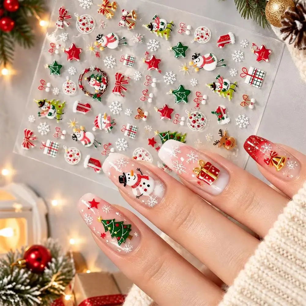 1Pc Winter Xmas Nail Art Decals Snowman Tree Snowflake Bow Bell Gift Ornament Bauble 5D Raised Nail Stickers Salon Nail Decor