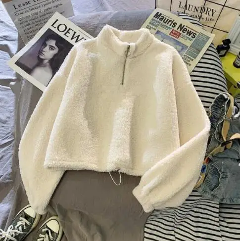 

European And American Style Half Turtleneck Fleece Lined Thickened Lamb Wool Fluffy Short Sweatshirt For Women Autumn Winter