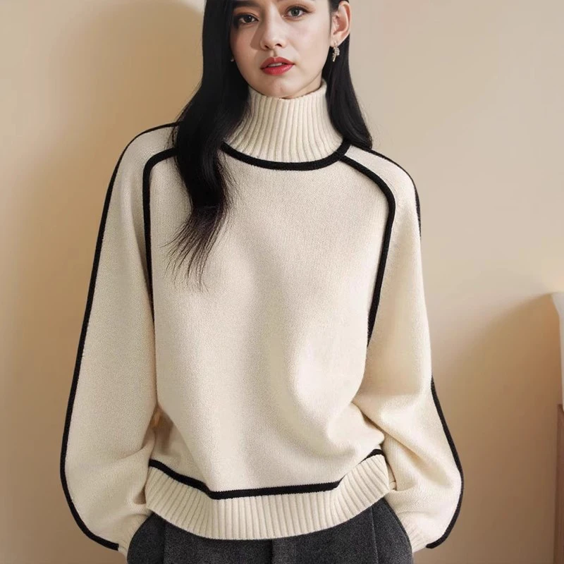 

New Women Turtleneck Sweater Autumn Winter Fashion Contrast Color Lantern Sleeve Loose Knitted Tops Casual Simplicity Pullovers