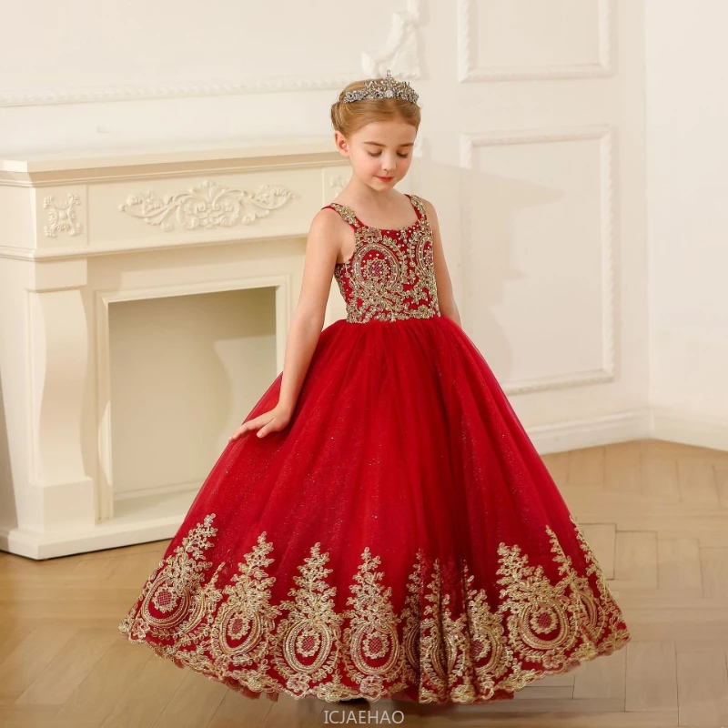Long Dress New Red Kids Wedding Dresses Children Princess Tutu Gown Costume Piano Birthday Party School Performance Kids Outfits