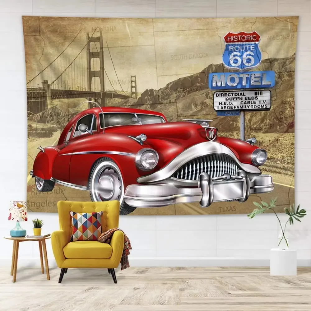 VIKAM American Route 66 Retro Wall Tapestry, Desert Highway Polyester Hanging Tapestry, Bar and Auto Shop Backdrop Decor