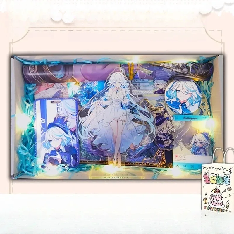 

Anime Genshin Impact Furina Gift Set Box Include Poster, postcard, keychain, sticker, badge, standing card holder, laser ticket