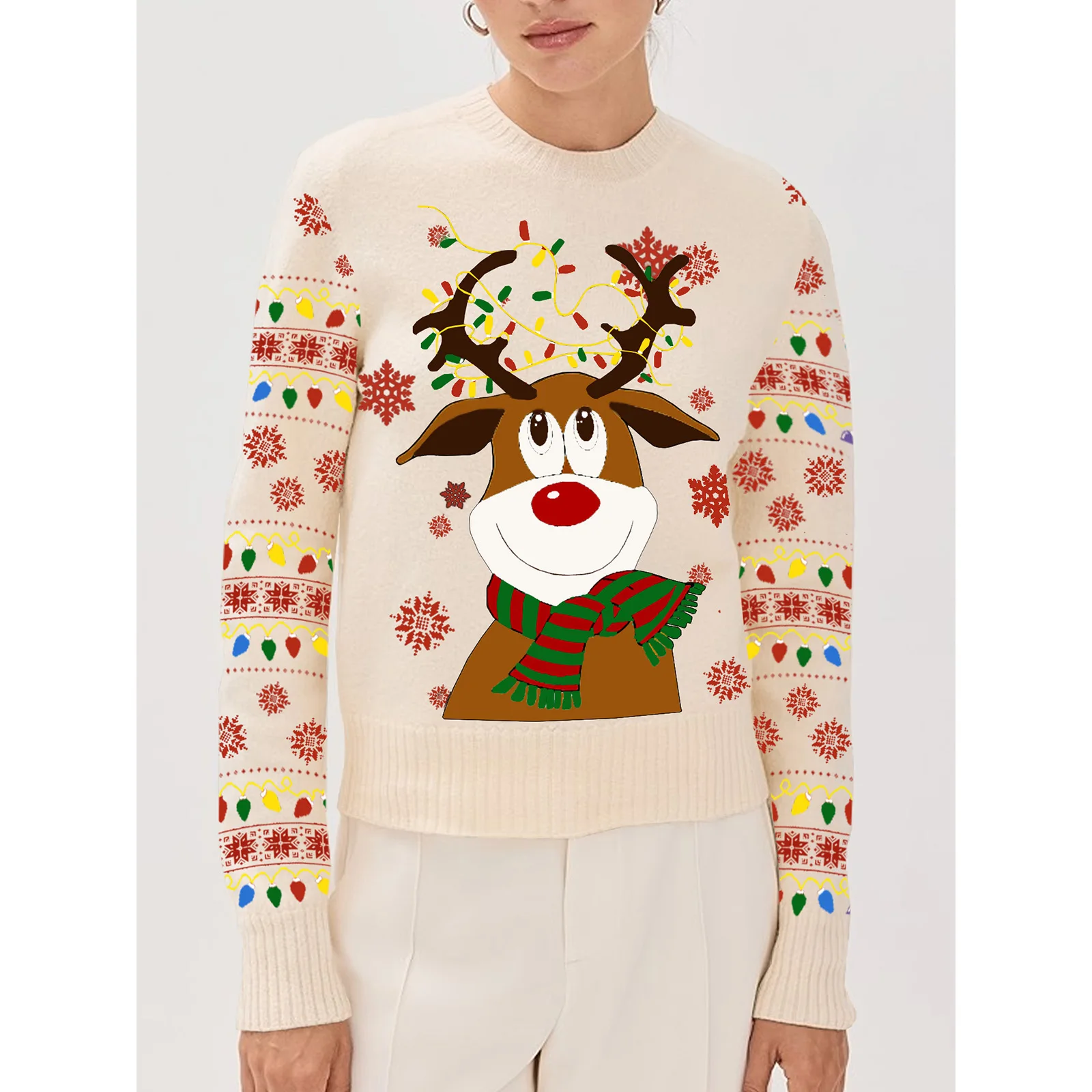 Damen Schneeflocken-Weihnachtspullover, Rundhalsausschnitt, lange Ärmel, Strickoberteile, lässige Streetwear, festliche Urlaubskleidung